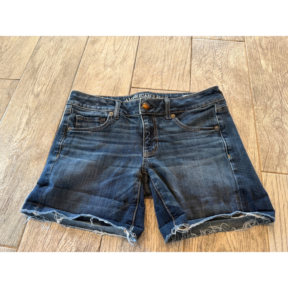 American Eagle Midi Denim Shorts 4 Super Stretch Raw Hem Womens Cuffed Boho